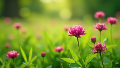 Obraz premium Red clover flowers in full bloom amidst lush green grass, spring, meadow, red clover