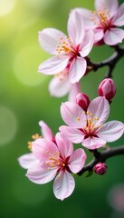 Fototapeta premium Soft pink cherry blossoms against light green foliage, flowers, floral background