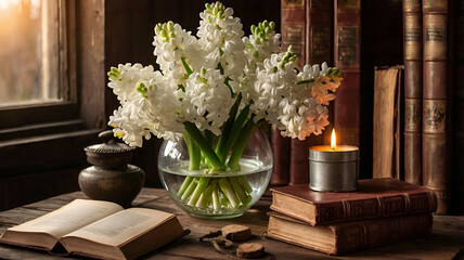 Fototapeta premium still life with candle and flowers