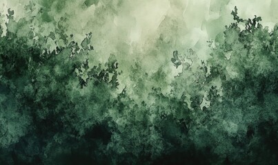 A painting of a forest with green trees and a light green background