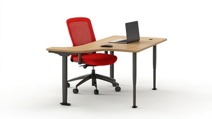 Modern ergonomic desk, red chair, laptop, workspace