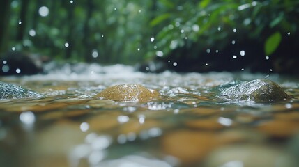 Close up surface level view of water splashes and ripples with bokeh effect in natural environment. Rain drops hitting water surface creating dynamic pattern with copy space