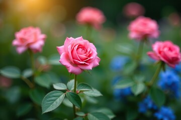 Blooming rose bush in a flower bed with blue flowers, garden, gardening, botanicals