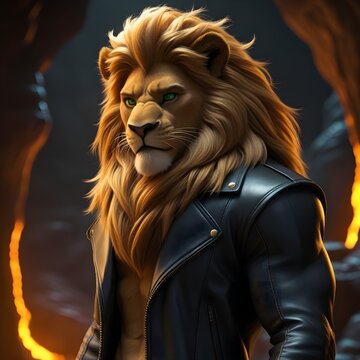 Fierce Lion in Leather Jacket: A Modern Animal Character