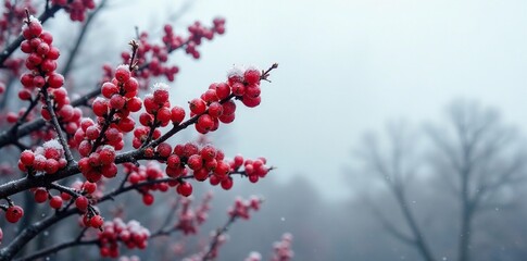 Red berry bush against a backdrop of grey sky and bare branches, gray, frost