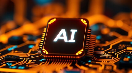 Glowing AI Icon on a Blurred High-Tech Background Symbolizing Artificial Intelligence and Technological Advancement