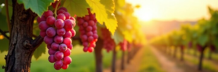 Fototapeta premium Red grapes ripening in the sun on a vineyard trellis, rustic, vineyard life, grapes