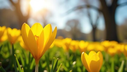 Sunny field of yellow crocuses stretching towards the sun, Spring, Yellow Crocuses, Landscape