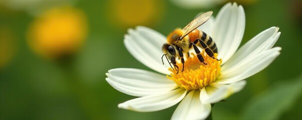 Yellow bee collecting pollen from a white flower, hives, insects