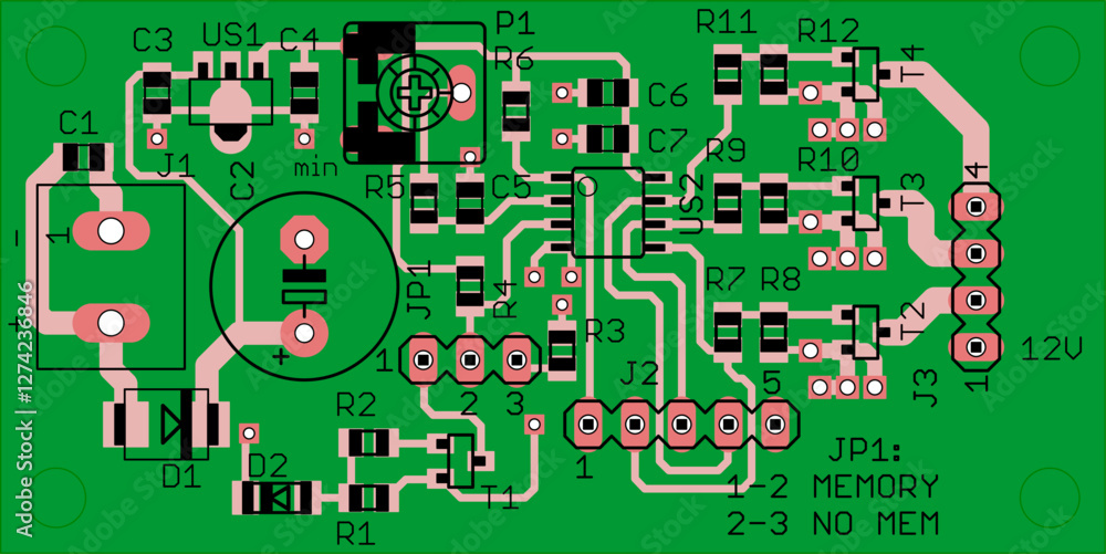 Poster vector printed circuit board of electronic device with components of radio elements, conductors and 