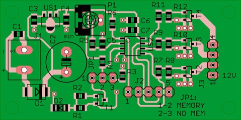 Vector printed circuit board of electronic 
device with components of radio elements, 
conductors and contact pads placed on pcb. 
Engineering technical drawing. Electric background.