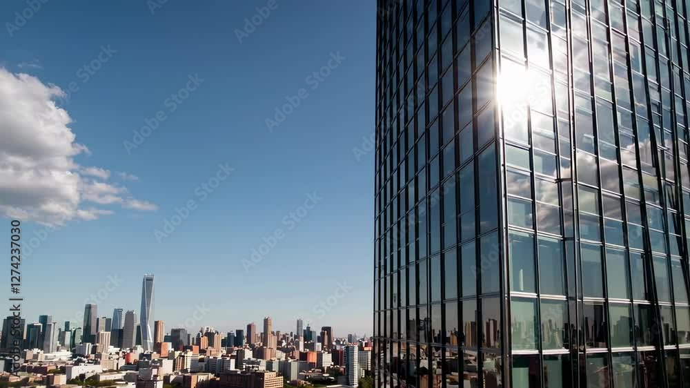 Aufkleber Sunlight reflects on the glass facade of a modern skyscraper in a bustling metropolis, creating a dynamic interplay of light and shadow in slow motion