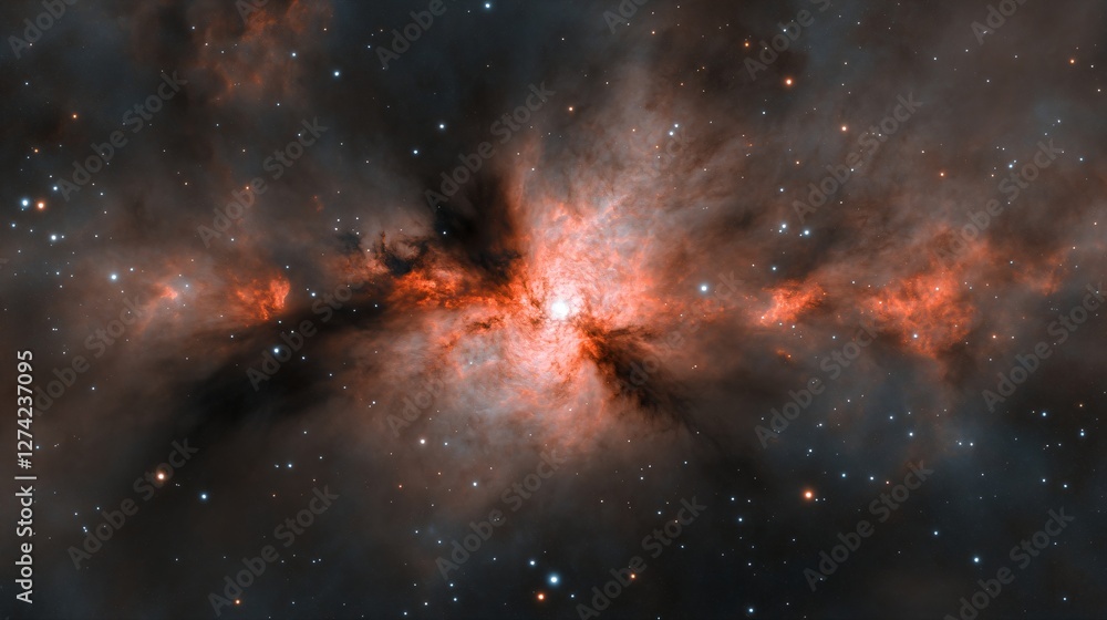 Poster red nebula in deep space showing stellar birth region with glowing gas clouds and dust. cosmic panor