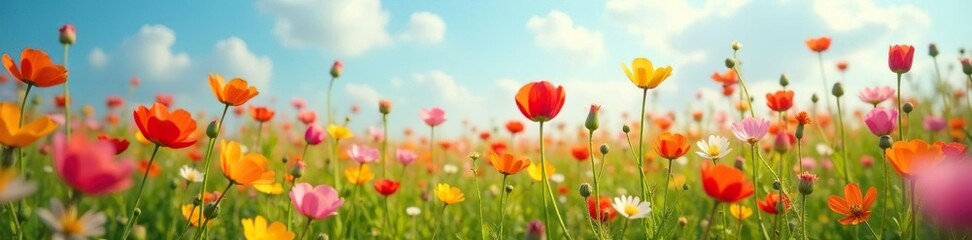Obraz premium Field of colorful wild flowers swaying gently in the breeze, landscape, nature, petals