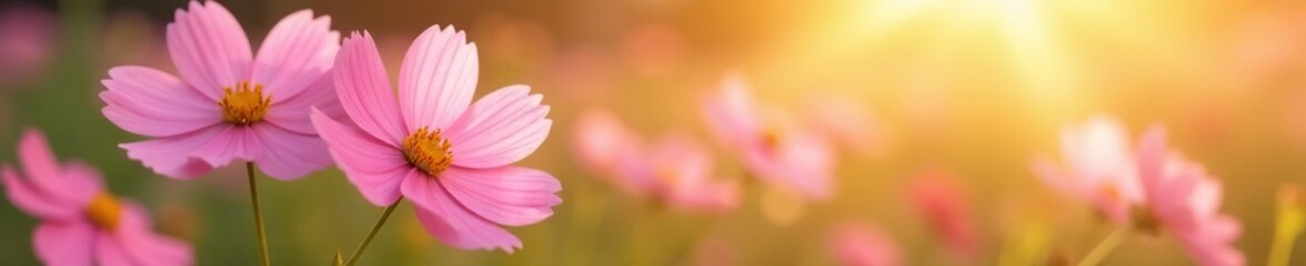 Fototapeta premium Soft pink cosmos flowers swaying gently in the breeze, pink, yellow