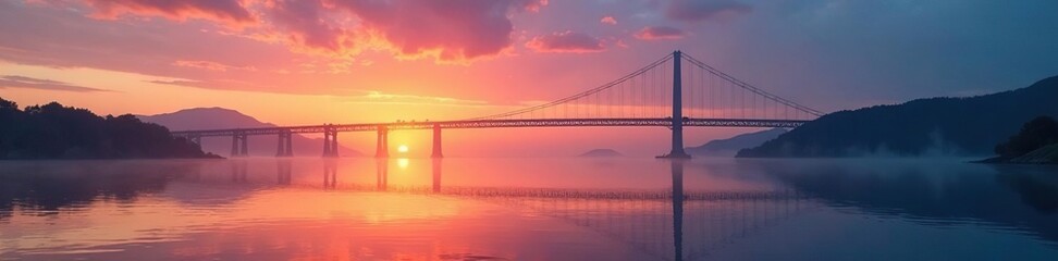 Fototapeta premium Sunset over the bay bridge with a misty atmosphere and calm waters, reflections, Scotland, calm waters