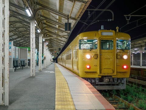 駅のホームに停車する普通列車
