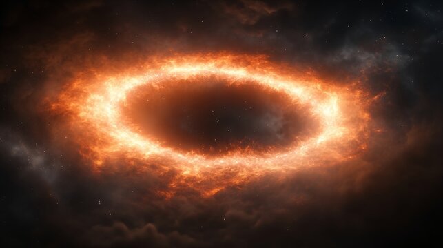 Mysterious glowing fiery ring in dark space background. Burning circle of light in cosmos. Orange energy portal in universe. Astronomical phenomenon concept with copy space