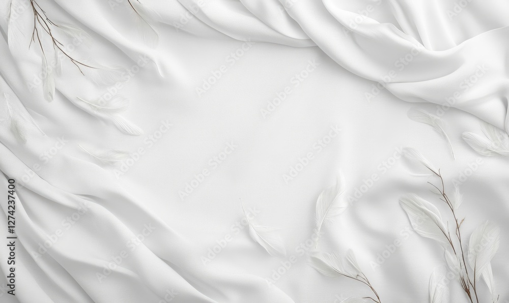 Poster a white sheet with a pattern of leaves and feathers on it