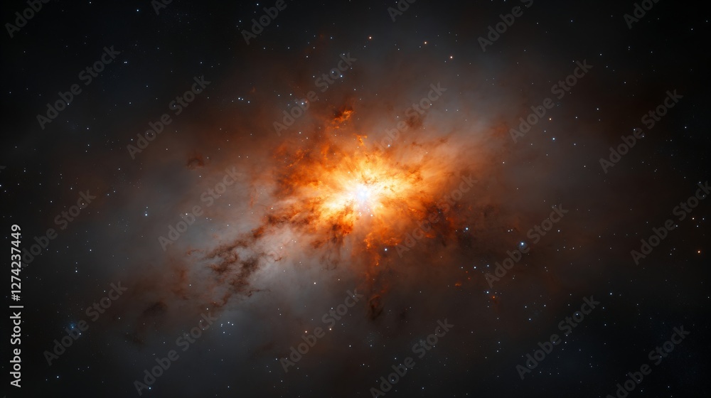 Poster dramatic explosion in deep space showing orange glowing galaxy merging and cosmic gas clouds against