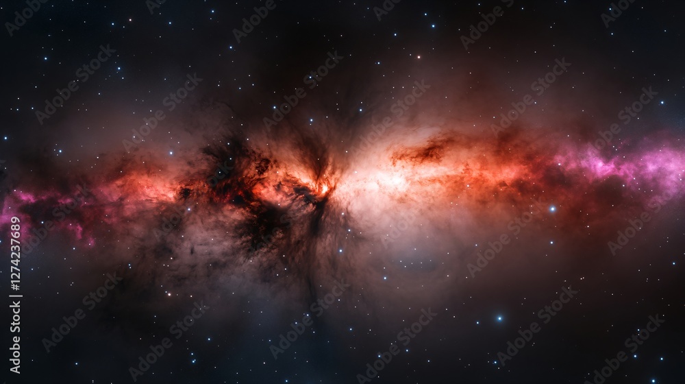 Poster colorful nebula and galaxy in deep space panorama view. red and purple cosmic clouds in dark univers