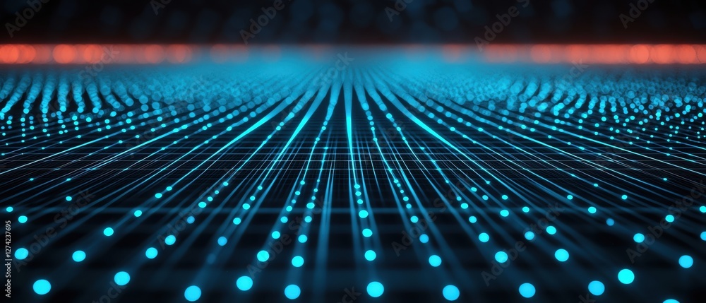 Poster abstract perspective view of illuminated digital dots on a dark background.