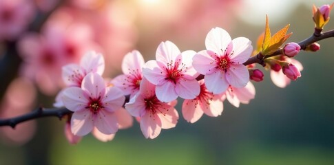 Obraz premium Delicate pink blossoms unfold on a serene tree branch, spring, swiss garden