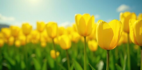 Obraz premium Field of bright yellow tulips swaying gently in the breeze, green grass, yellow tulips