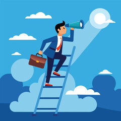 Flat illustration of businessman climb up ladder to job search bar with binocular on sky seeking new employment opportunity
