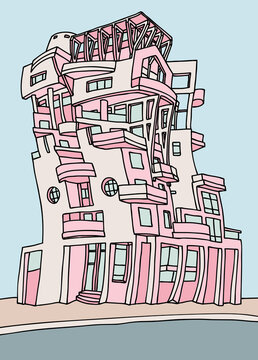Quirky Pink House with Many Windows and Balconies