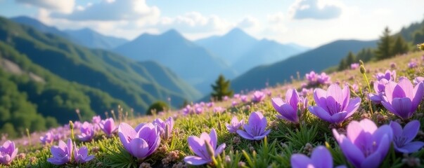 Obraz premium Soft lavender petals scattered on a hillside amidst a mountain landscape, scenery, landscape, flowers