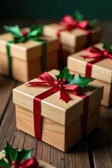 Obraz premium Wooden gift boxes with decorated Christmas presents, holly, gift, wooden