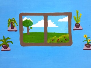 Acrylic painting of the view outside the bedroom window.