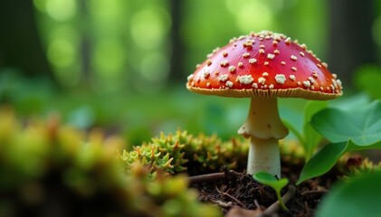 Red cap of red mushroom peeking through forest leaves, mycology, plant life