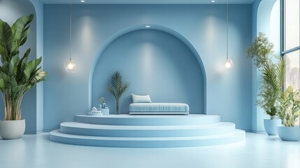 Hexagonal product display in pastel blue with modern aesthetic