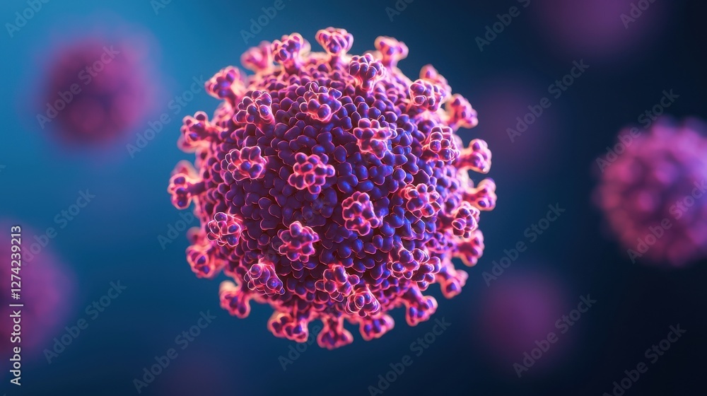 Poster virus hpv concept. glowing virus protein structure with floating spikes on abstract background