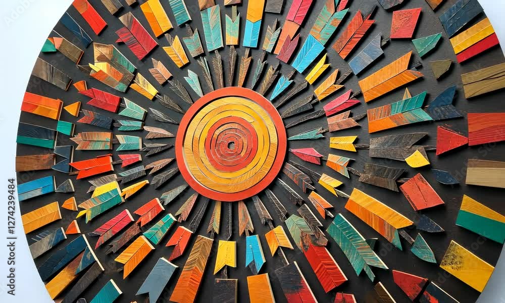 Poster an intricate circular pattern of multi-colored paper icons with arrows arranged in concentric circle