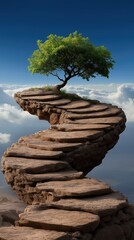 Unique winding stone path leading to a tree on a rocky ledge above clouds during daylight hours