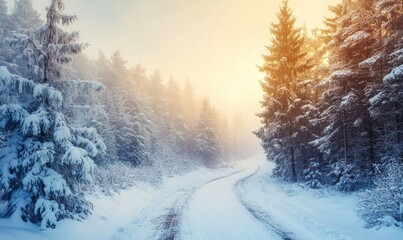 Obraz premium A snow covered road with trees in the background