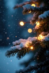 Soft holiday lights wrapping around a tree branch in the snow, snow-dusted, twinkle light, sparkly