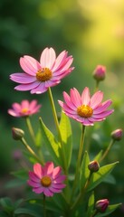 Obraz premium Soft petals of pink flowers gently sway in morning breeze, wildflowers, green