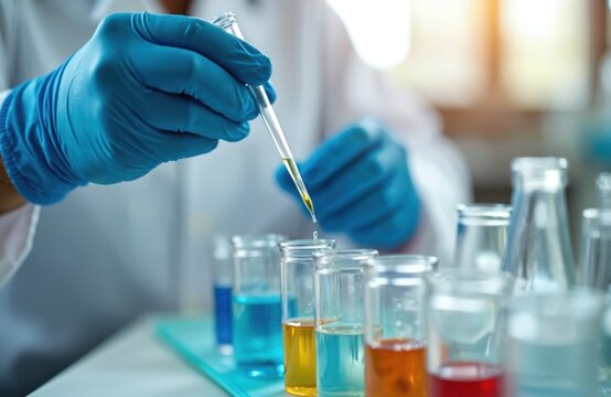 Scientist works in lab with test tubes, pipette. Research in medical laboratory. Concept of science, medicine. Studying substance sample with genetic chemical medicine for trial, invention,