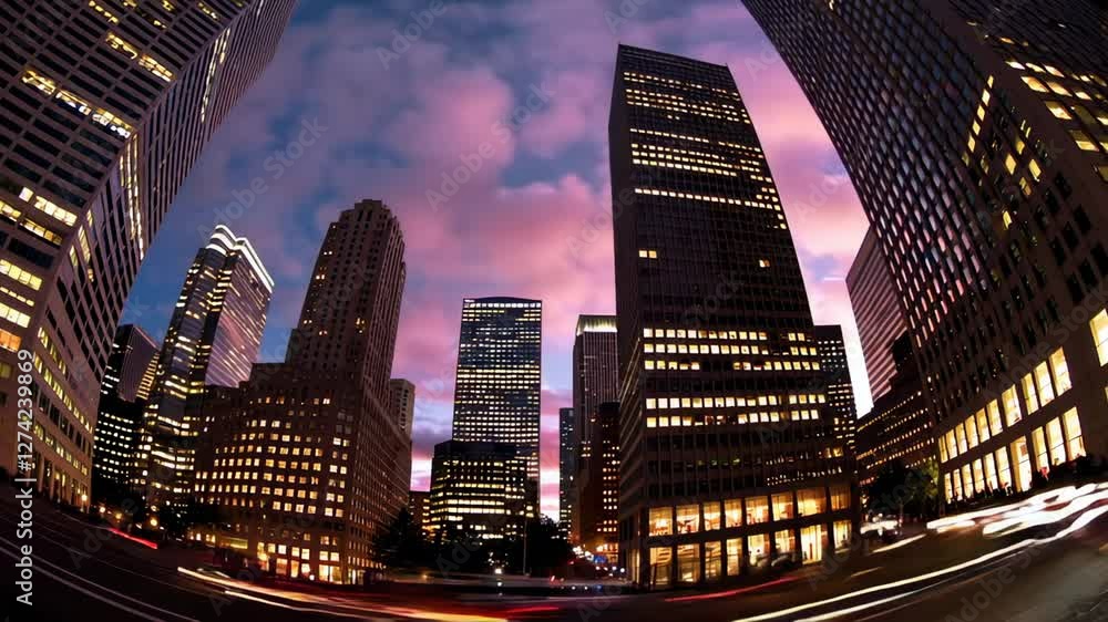 Aufkleber city skyscrapers rise majestically against a backdrop of twilight sky, illuminated windows glowing w