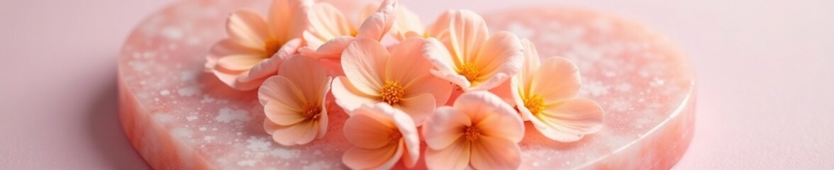 Obraz premium Delicate apricot flowers on a heart-shaped calcite plate, soft pink, calcite, floral arrangement
