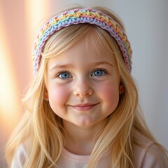 Adorable Swedish girl portrait, soft crochet rainbow headband, dreamy pastel tones, natural warm glow