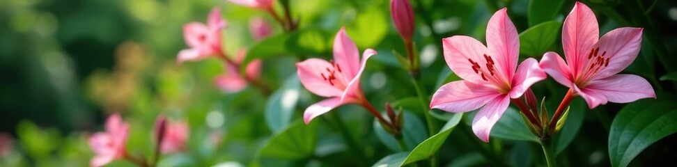 Delicate pink flowers of Alstroemeria in a lush bush amidst foliage, blossoms, garden, foliage