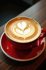 Intricate latte art on top of a rich espresso-based beverage in a red cup, decoration, cup, art