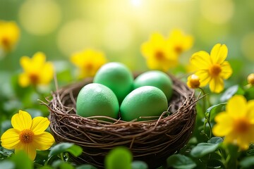 Obraz premium Green Easter Eggs in a Nest Among Spring Flowers
