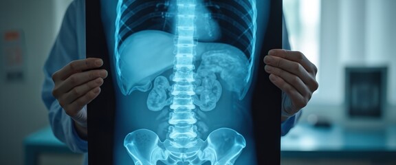 Hands holding abdomen X-ray film with visible organ outlines for diagnostic insights. Medical concept for clinic, disease, symptom. Torso, spine, kidney, liver detailed contrast analysis on display.