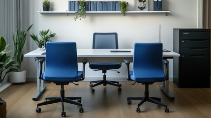 Modern office, two desks, chairs, plants, workspace